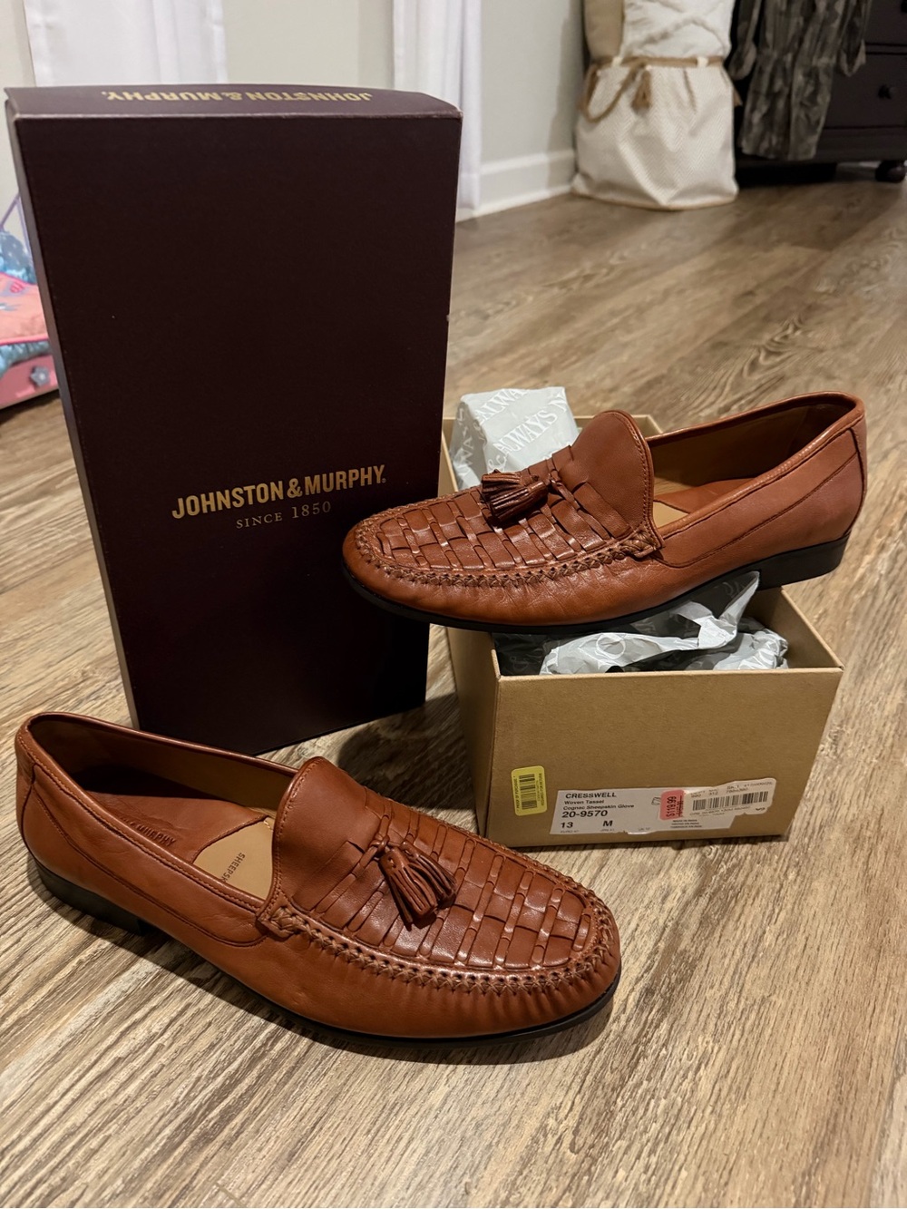 Johnston & Murphy Cognac Brown Woven Tassel Leather Loafers size 13 NWT😎